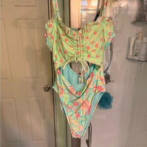 Celebrity Pink Mint Green Floral One-Piece Swimsuit